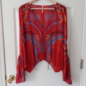 Free People Oversized Sheer Red Beneath The Sea Top Blouse Size Medium